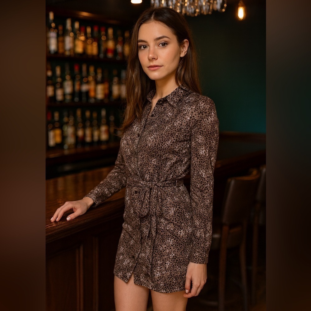 nOir Leopard Long Sleeve Print Dress With Ribbon Belt